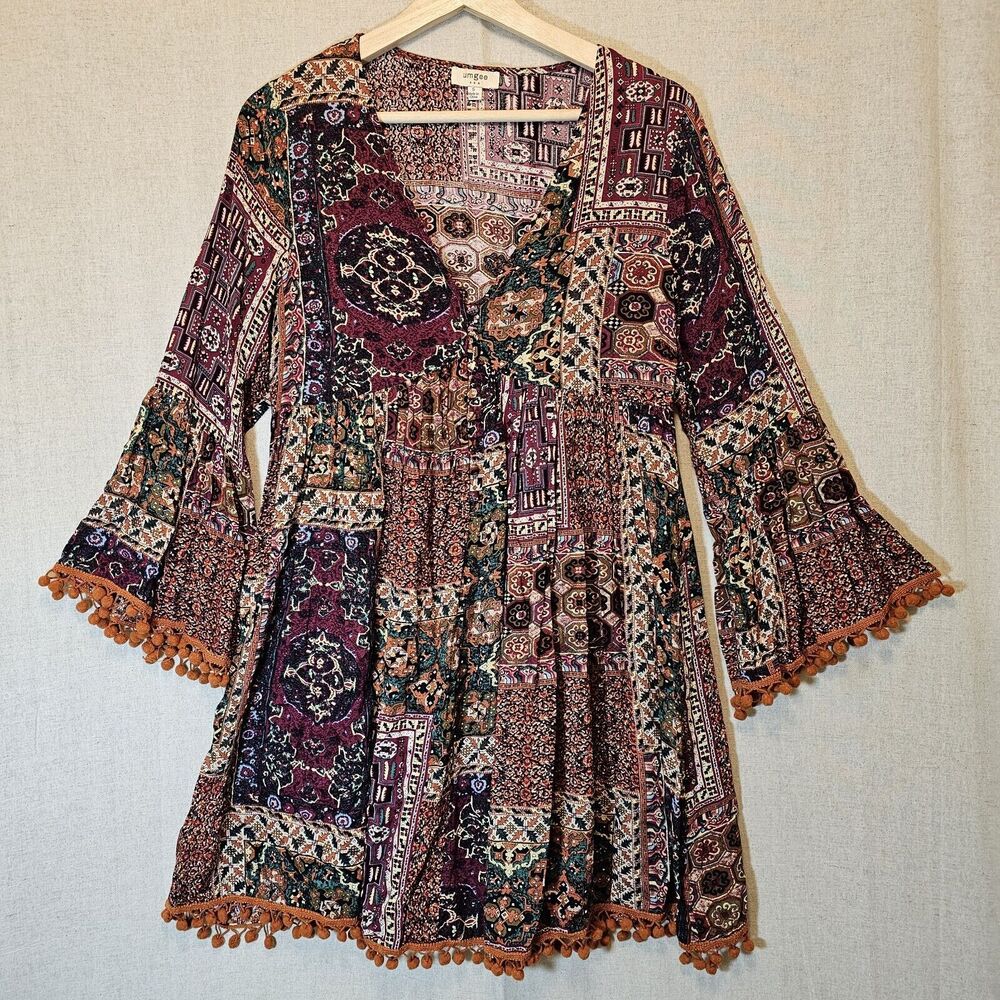 Umgee Moroccan Design Print Ball Fringe Bell Sleeve Fall Colors Dress Small